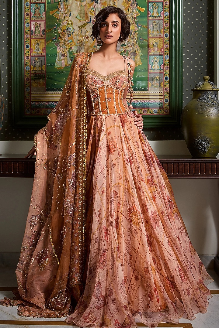 Chandan Yellow Silk Organza Printed Kalidar Bridal Anarkali Set by Mahima Mahajan at Pernia's Pop Up Shop