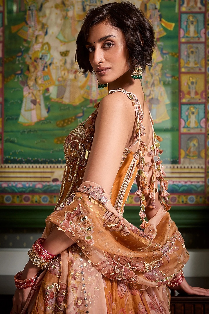 Chandan Yellow Silk Organza Printed Kalidar Bridal Anarkali Set by Mahima Mahajan at Pernia's Pop Up Shop