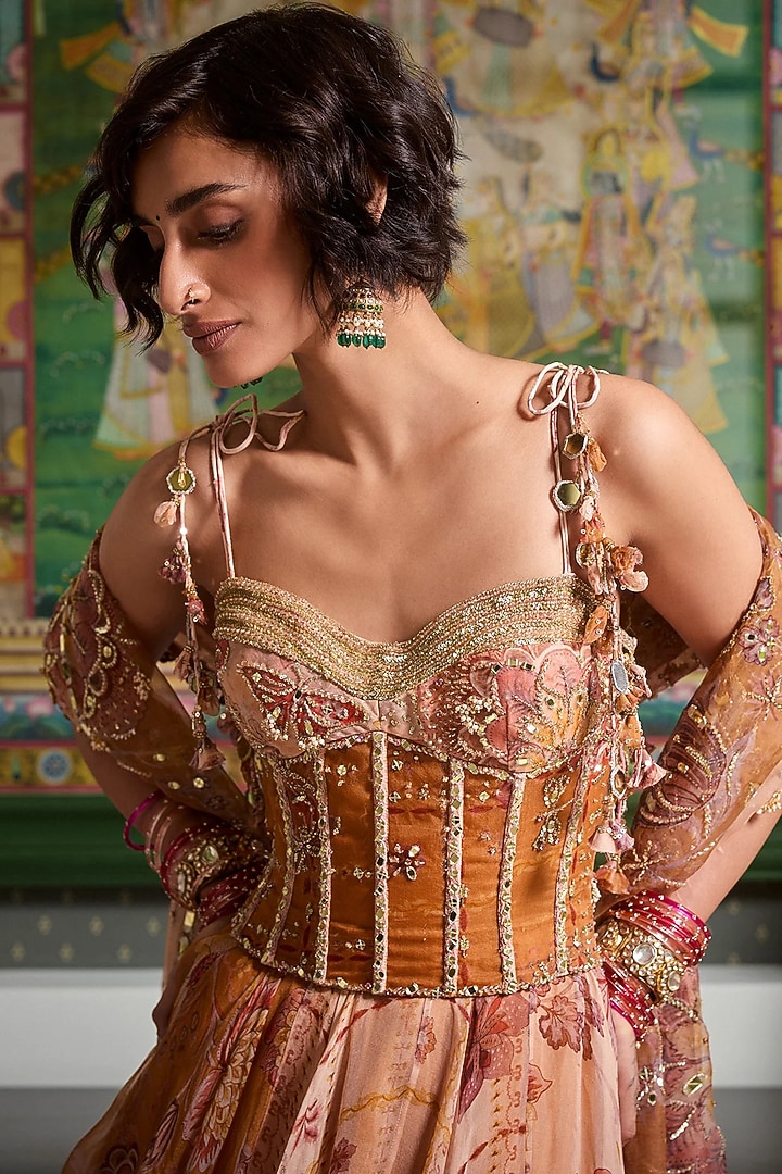 Chandan Yellow Silk Organza Printed Kalidar Bridal Anarkali Set by Mahima Mahajan at Pernia's Pop Up Shop