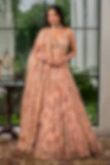 Melon Pink Silk Organza Floral Embroidered Bridal Lehenga Set by Mahima Mahajan at Pernia's Pop Up Shop