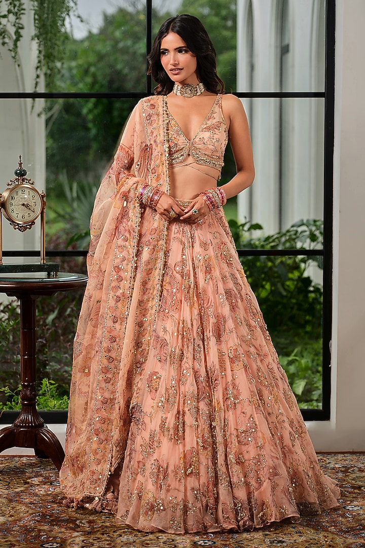 Melon Pink Silk Organza Floral Embroidered Bridal Lehenga Set by Mahima Mahajan at Pernia's Pop Up Shop