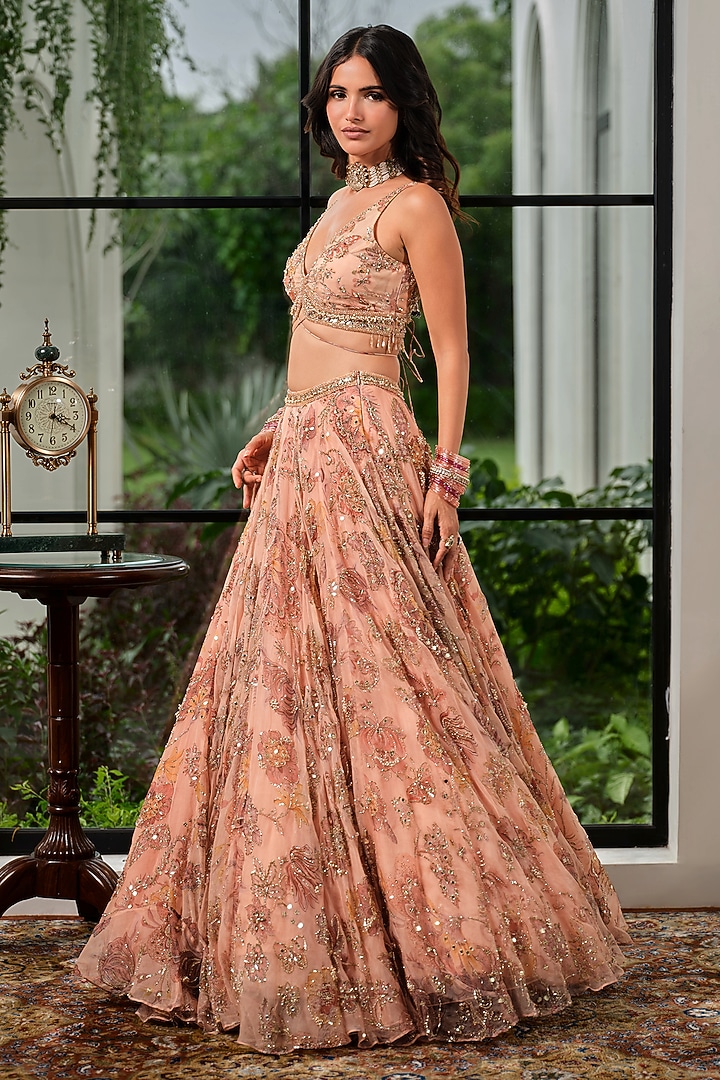 Melon Pink Silk Organza Floral Embroidered Bridal Lehenga Set by Mahima Mahajan at Pernia's Pop Up Shop
