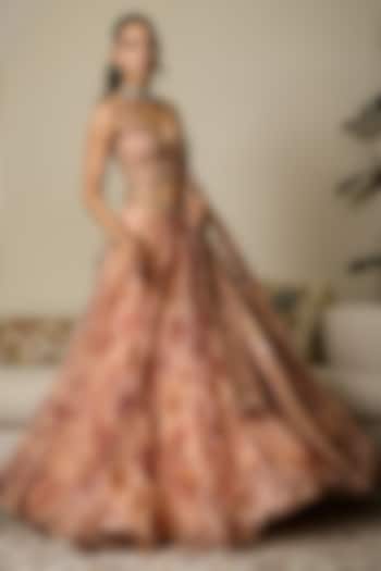 Melon Pink Silk Organza Floral Printed Wedding Lehenga Set by Mahima Mahajan at Pernia's Pop Up Shop