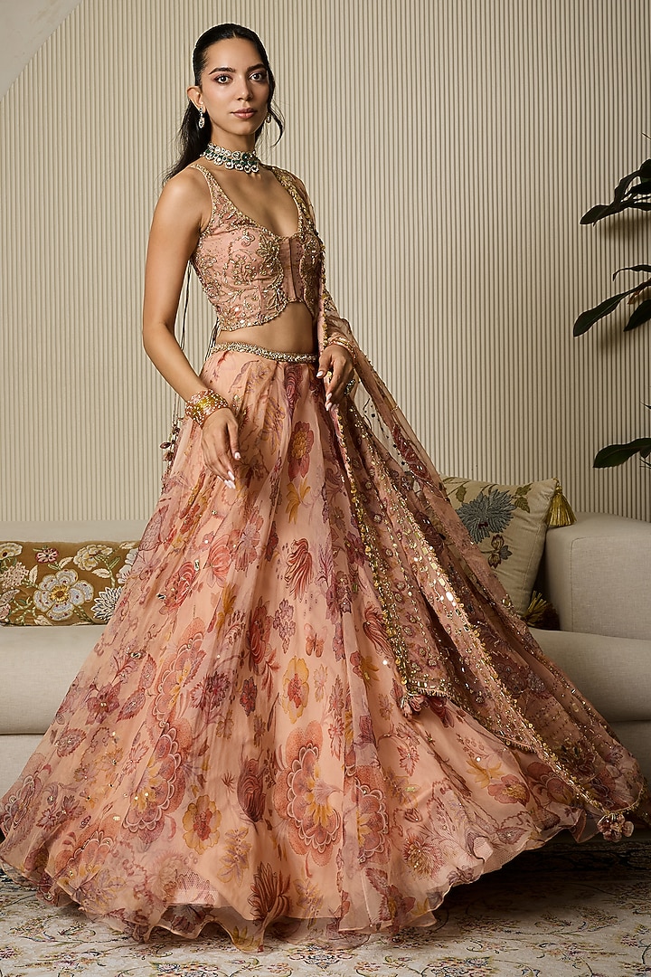 Melon Pink Silk Organza Floral Printed Wedding Lehenga Set by Mahima Mahajan at Pernia's Pop Up Shop