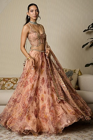 Melon Pink Silk Organza Floral Printed Lehenga Set by Mahima Mahajan
