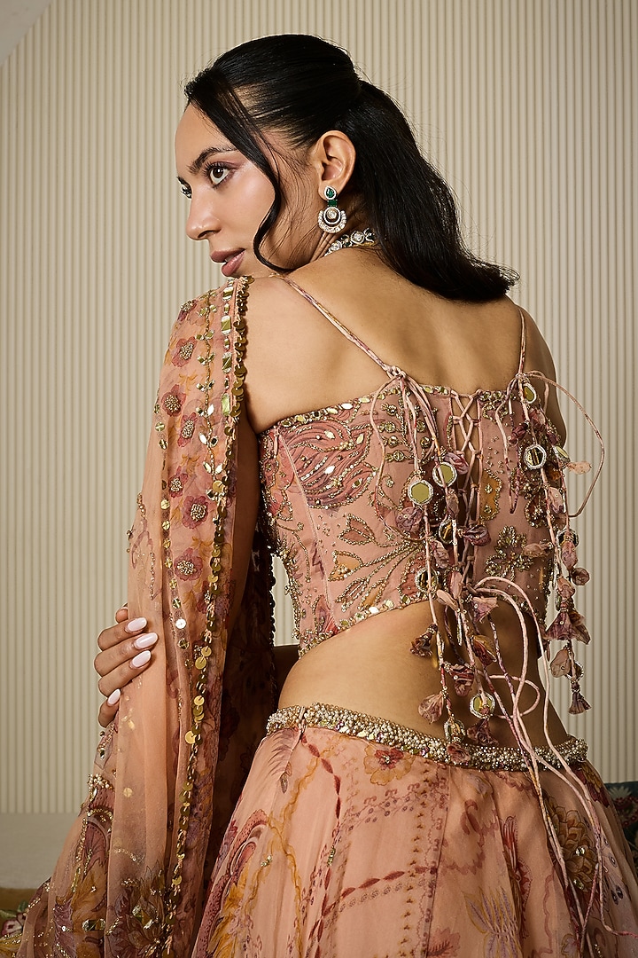 Melon Pink Silk Organza Floral Printed Wedding Lehenga Set by Mahima Mahajan at Pernia's Pop Up Shop