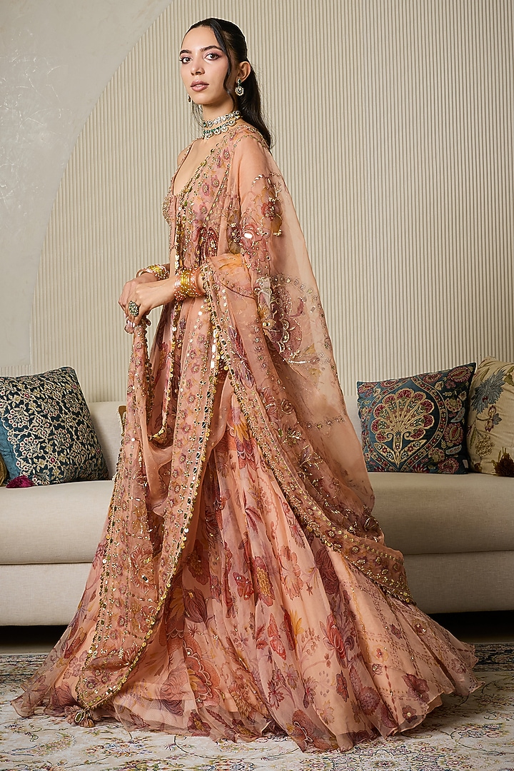 Melon Pink Silk Organza Floral Printed Wedding Lehenga Set by Mahima Mahajan at Pernia's Pop Up Shop
