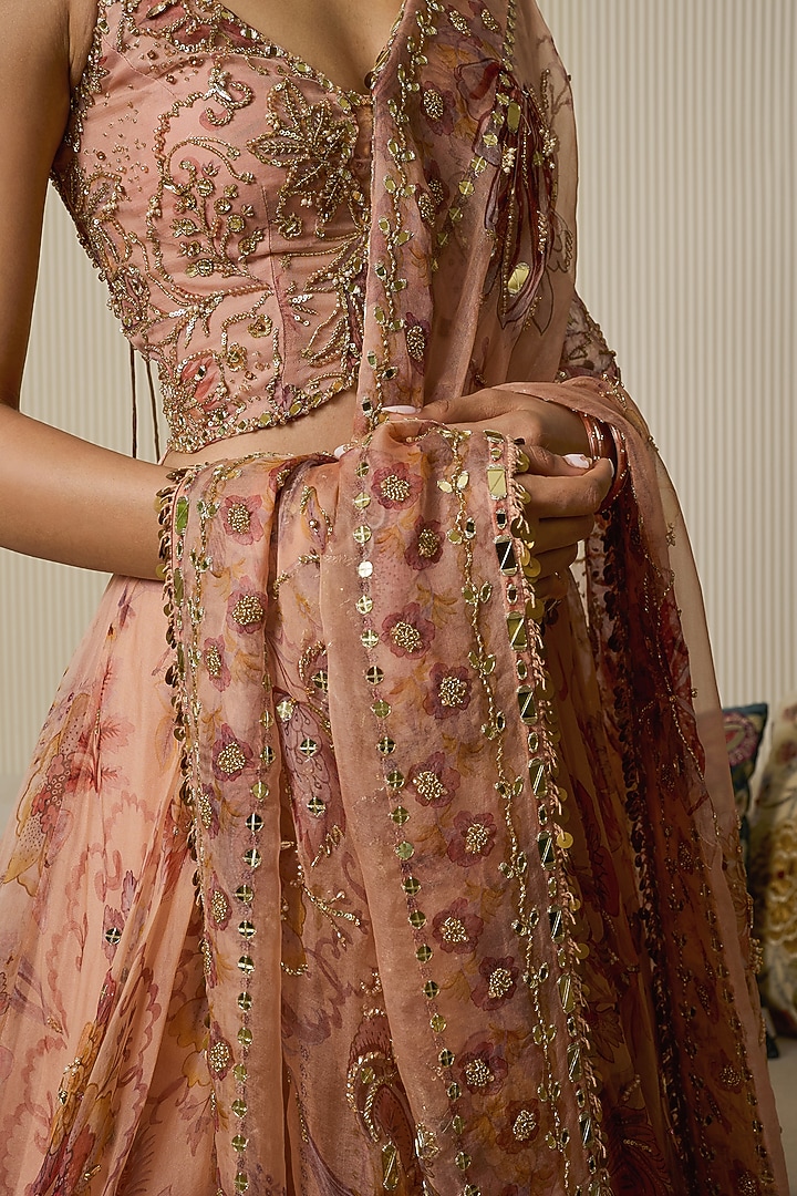 Melon Pink Silk Organza Floral Printed Wedding Lehenga Set by Mahima Mahajan at Pernia's Pop Up Shop