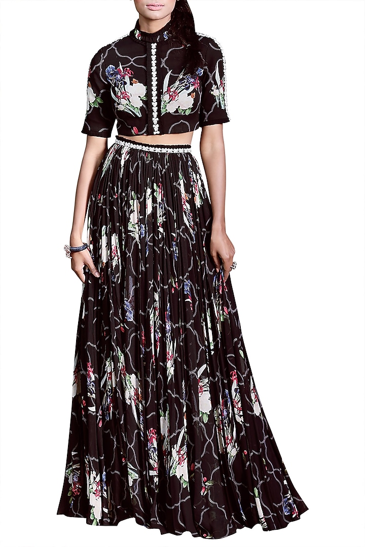 Black Printed Embellished Lehenga Skirt With Crop Top by Mahima Mahajan