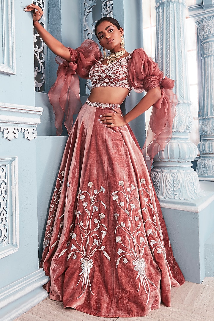 Coral Embellished Blouse With Lehenga Skirt by Mahima Mahajan