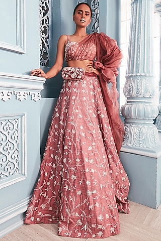 Coral Embellished Corset Blouse With Lehenga Skirt by Mahima Mahajan
