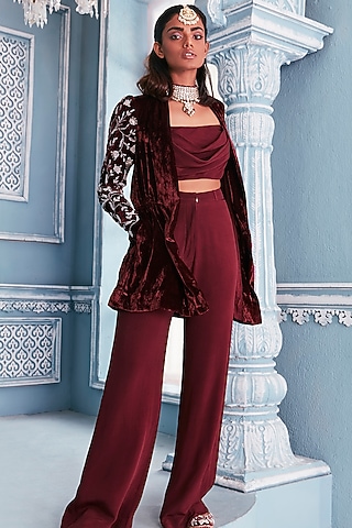 Wine Embroidered Blazer Set by Mahima Mahajan