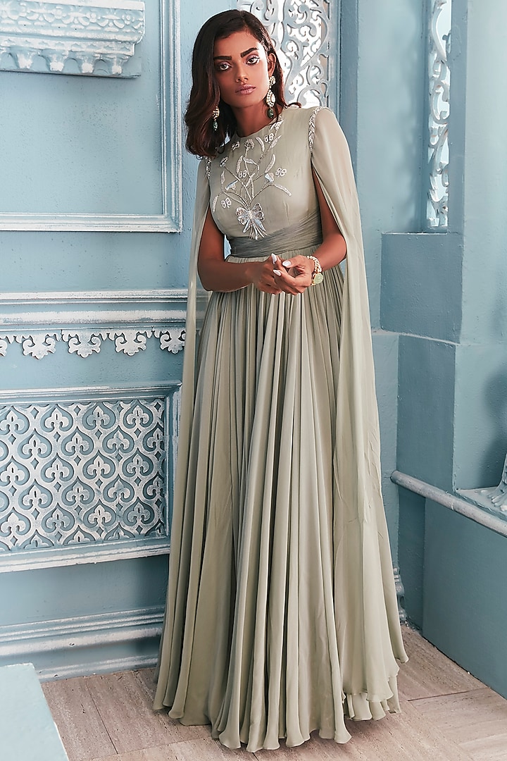 Jade Green Anarkali With Floor Length Sleeves by Mahima Mahajan
