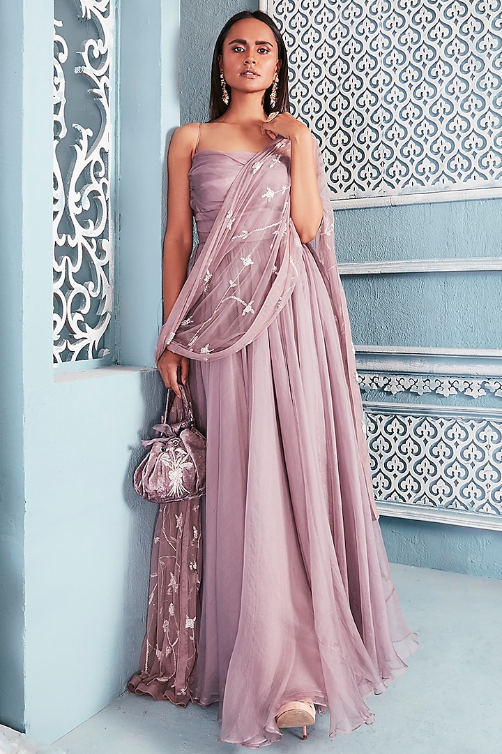 Lilac Embellished Anarkali With Dupatta by Mahima Mahajan