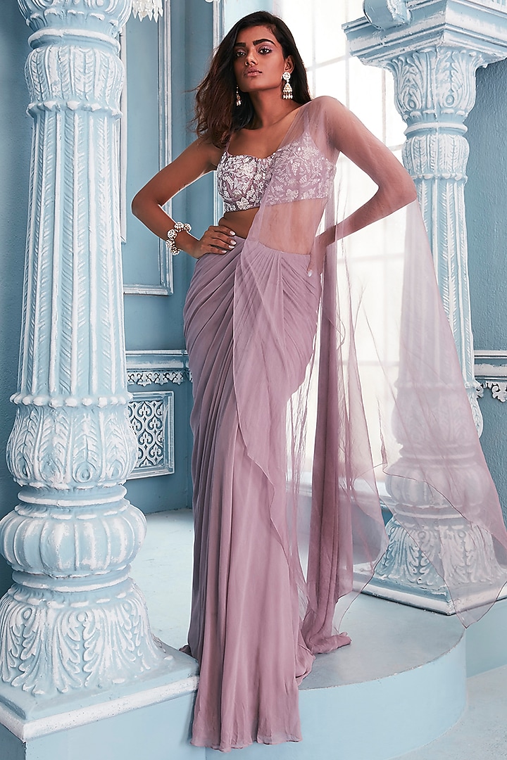 Lilac Georgette & Organza Pre-Draped Saree Set by Mahima Mahajan