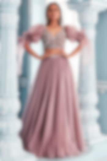 Lilac Velvet Blouse With Lehenga Skirt by Mahima Mahajan