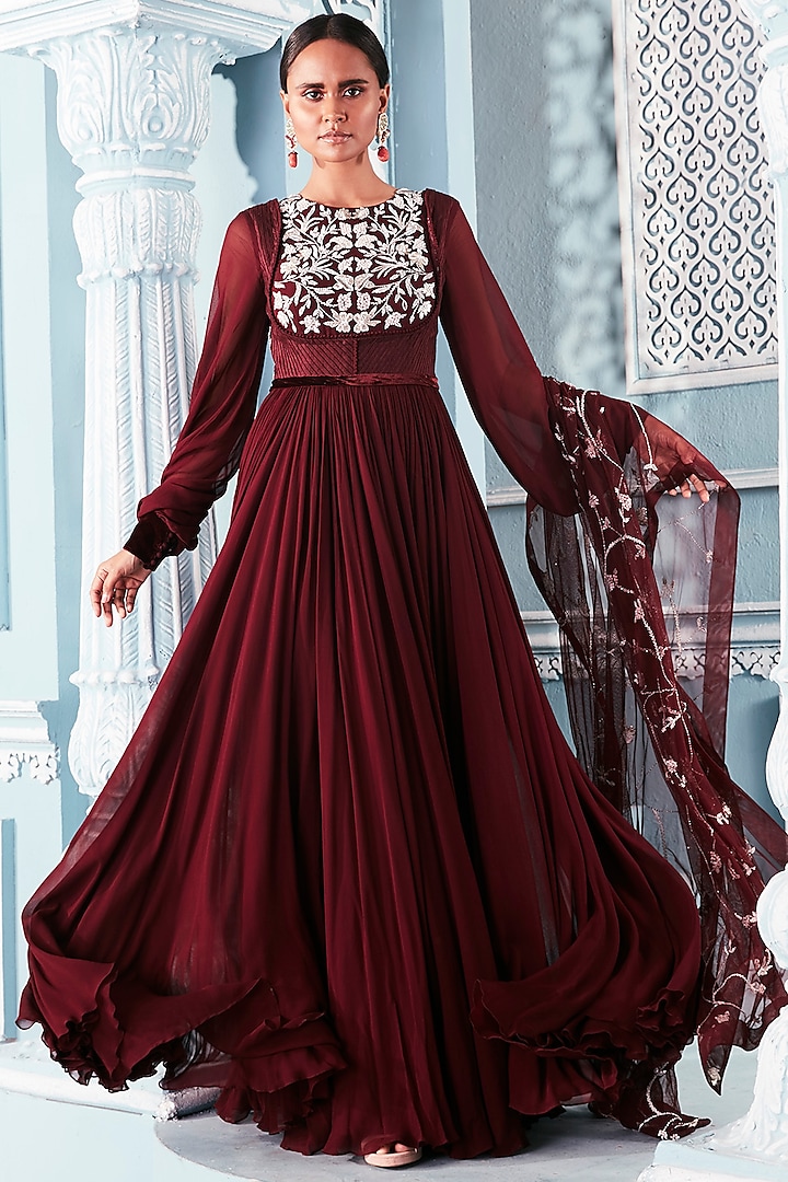 Wine Embroidered Anarkali With Dupatta by Mahima Mahajan