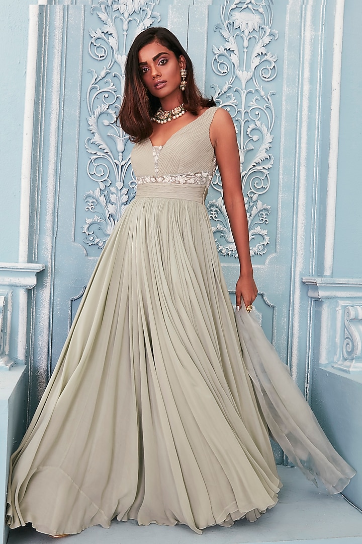 Jade Green Pintucked Wedding Anarkali With Belt & Dupatta by Mahima Mahajan at Pernia's Pop Up Shop