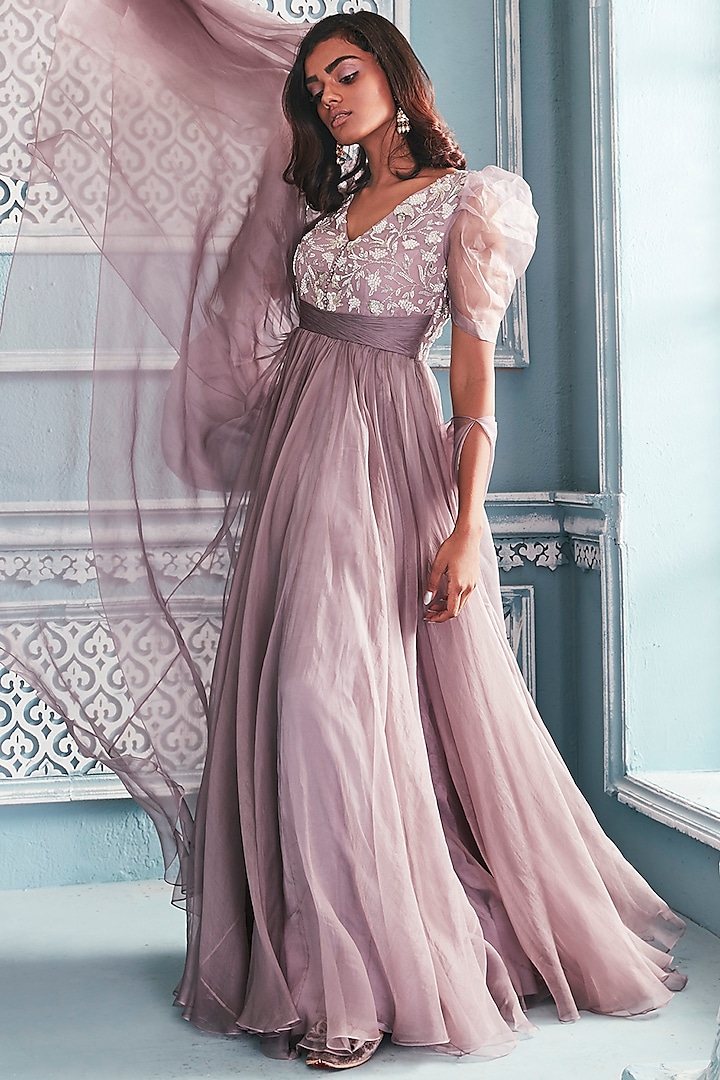 Lilac Anarkali With Bow Dupatta by Mahima Mahajan