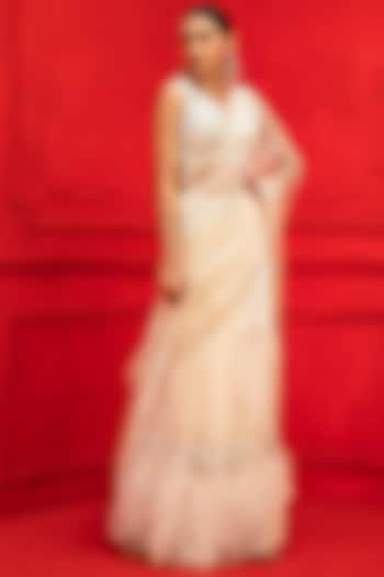 Ivory Soft Net & Organza Pre-Stitched Ruffled Wedding Saree Set by Mahima Mahajan at Pernia's Pop Up Shop