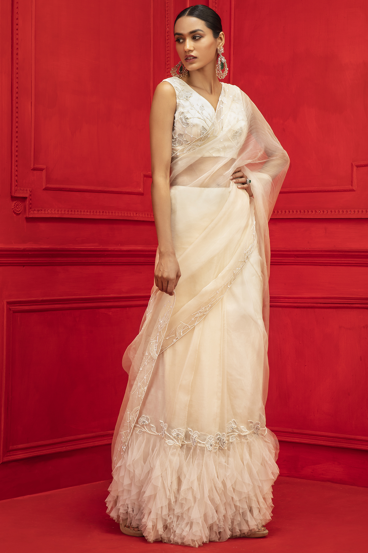 Ivory Soft Net & Organza Pre-Stitched Ruffled Wedding Saree Set by Mahima Mahajan at Pernia's Pop Up Shop