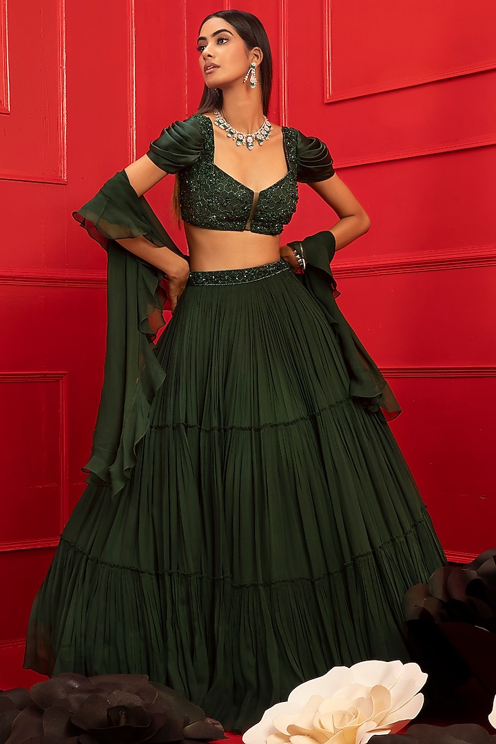 Dark Green Georgette Wedding Lehenga Set by Mahima Mahajan at Pernia's Pop Up Shop
