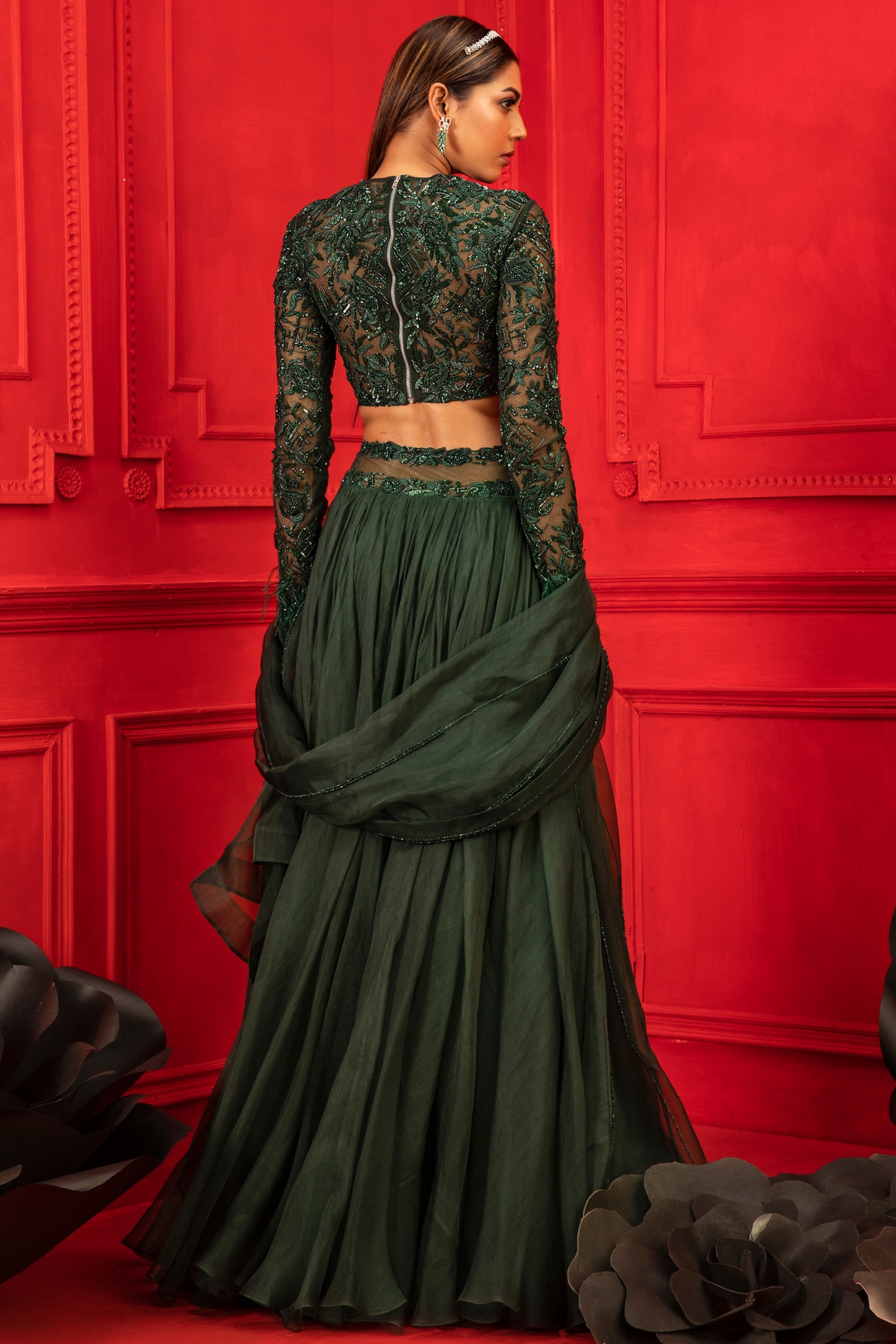 Buy Bridal Bottle Green A Line Lehenga - Embroidered Lehenga Choli –  Empress Clothing
