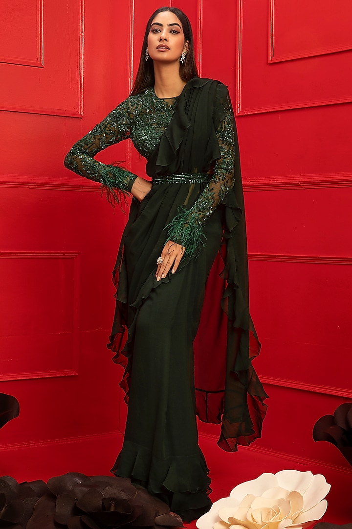 Dark Green Georgette Ruffled Saree Set by Mahima Mahajan