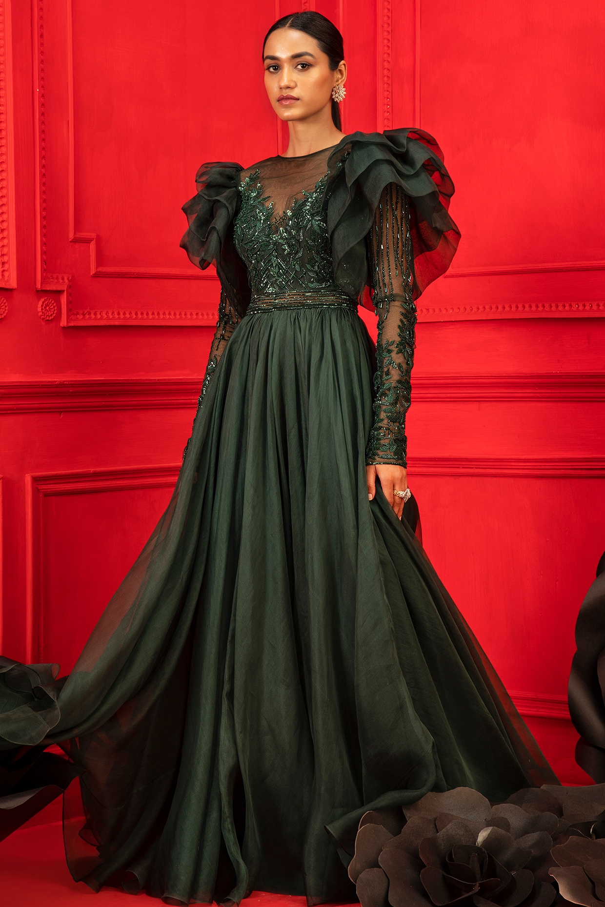Emerald Green Sleeveless Flared Gown – 101 Hues
