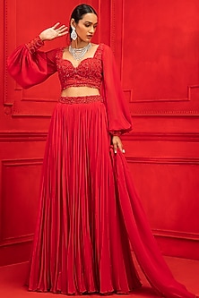 Red Georgette Lehenga Set by Mahima Mahajan-VOLUMINOUS SLEEVES