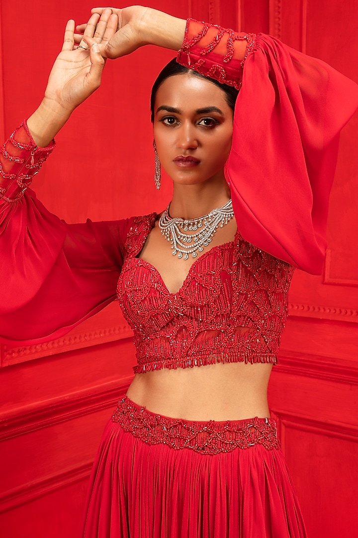 Red Georgette Wedding Lehenga Set by Mahima Mahajan at Pernia's Pop Up Shop