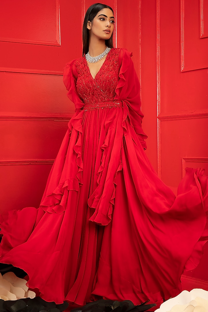 Red Embroidered Wedding Anarkali Set by Mahima Mahajan at Pernia's Pop Up Shop