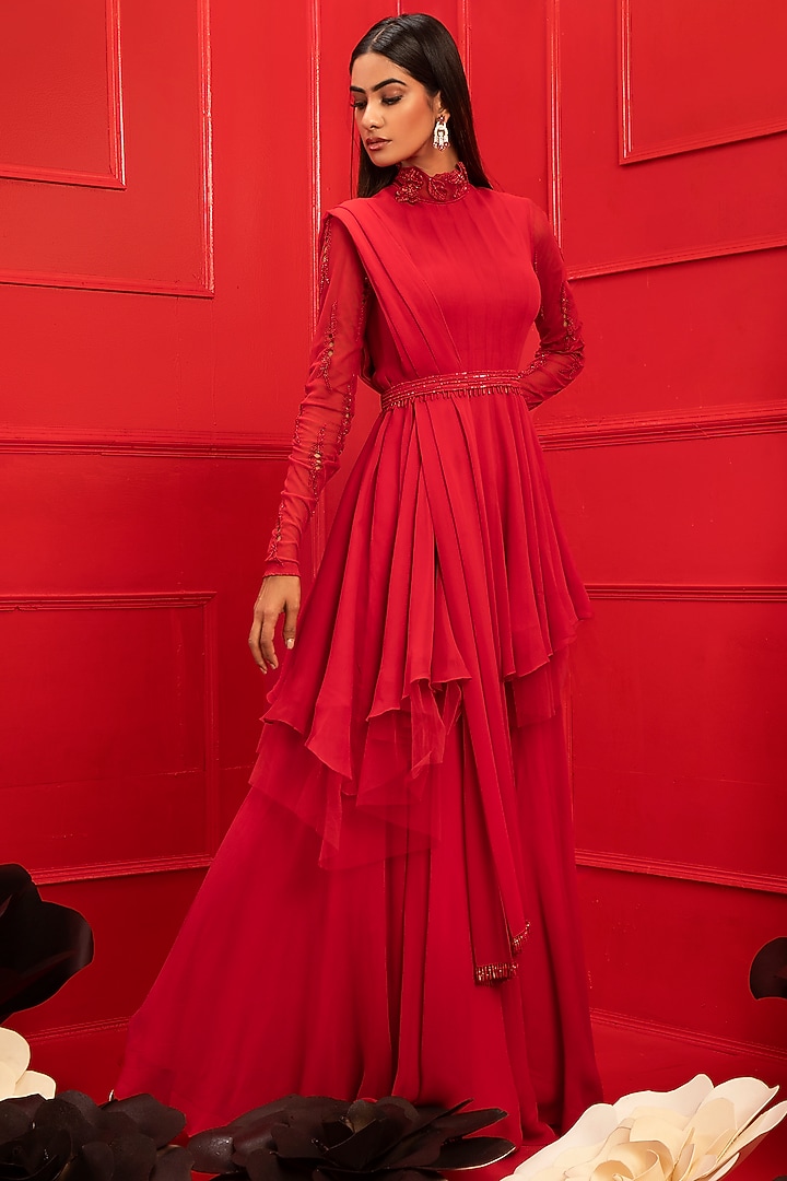 Red Embroidered Palazzo Pant Set by Mahima Mahajan at Pernia's Pop Up Shop