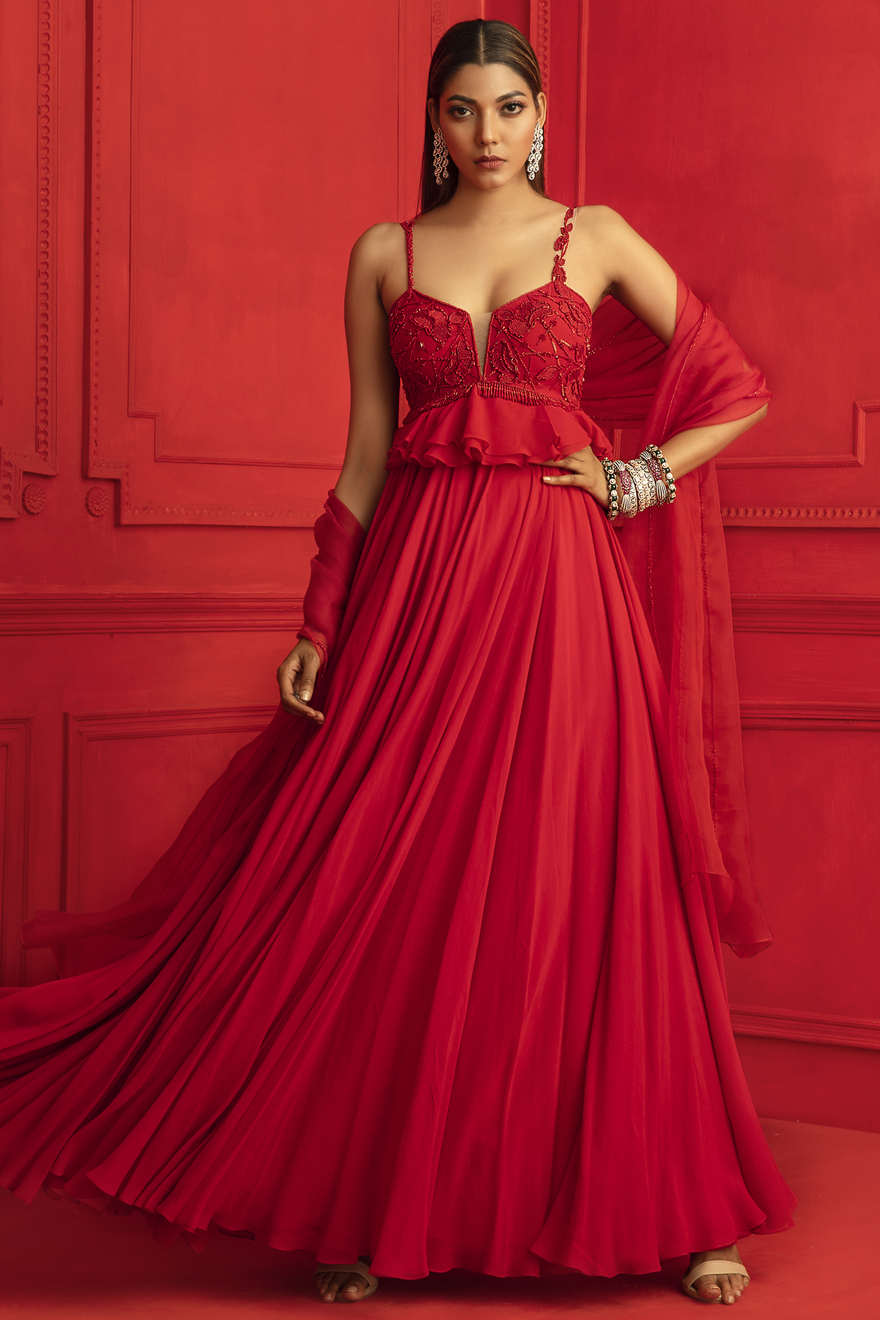 Red Embroidered Peplum Wedding Anarkali Set by Mahima Mahajan at Pernia's Pop Up Shop