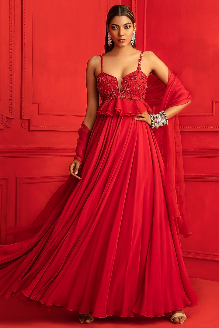 Red Embroidered Peplum Wedding Anarkali Set by Mahima Mahajan at Pernia's Pop Up Shop