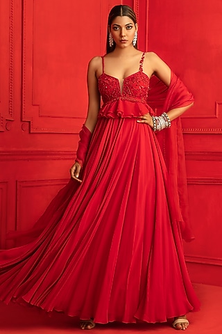 Red Embroidered Peplum Anarkali Set by Mahima Mahajan