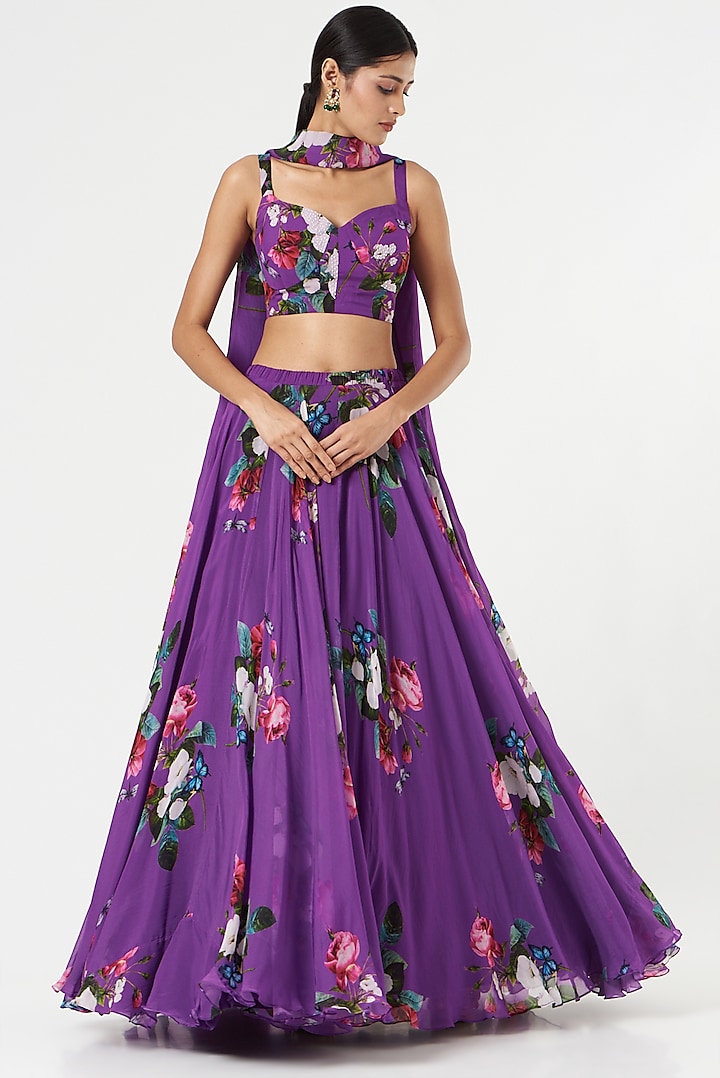 Purple Lehenga Set In Silk Organza by Mahima Mahajan