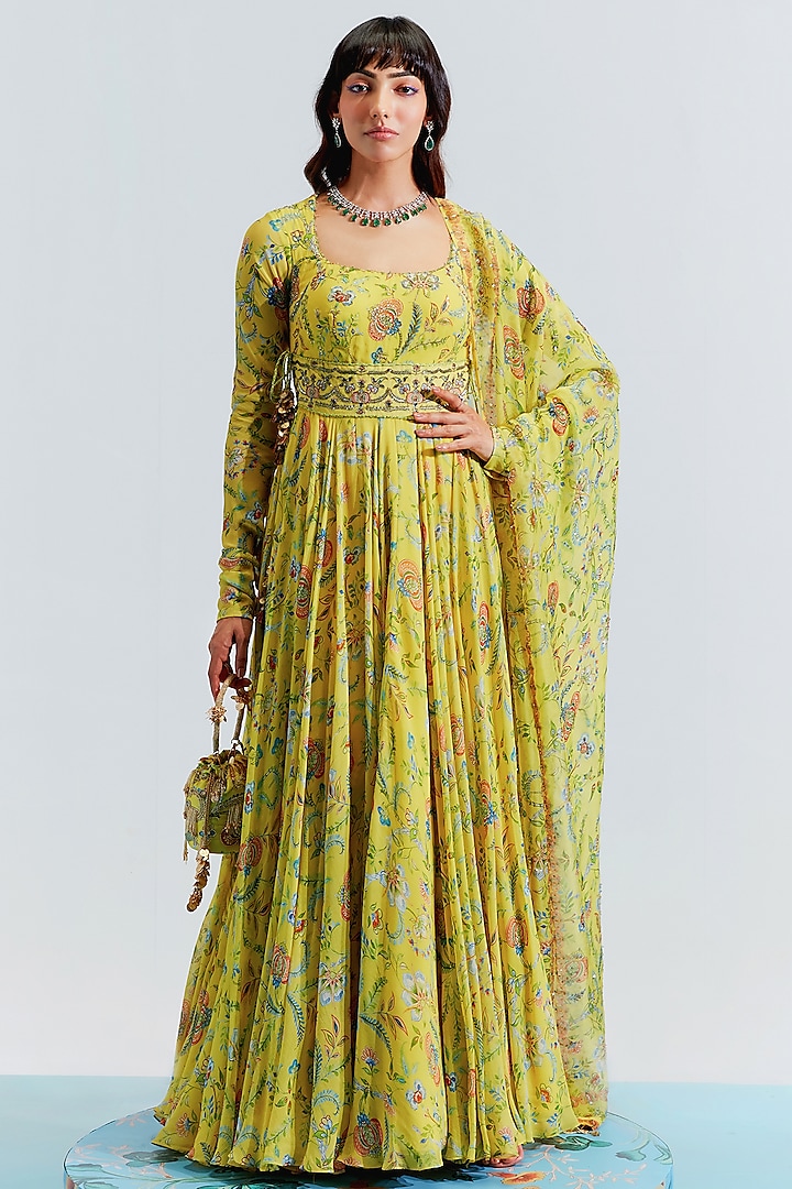Yellow Embroidered Anarkali Set by Mahima Mahajan