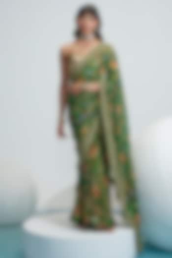 Green Pre-Stitched Embroidered Saree Set by Mahima Mahajan
