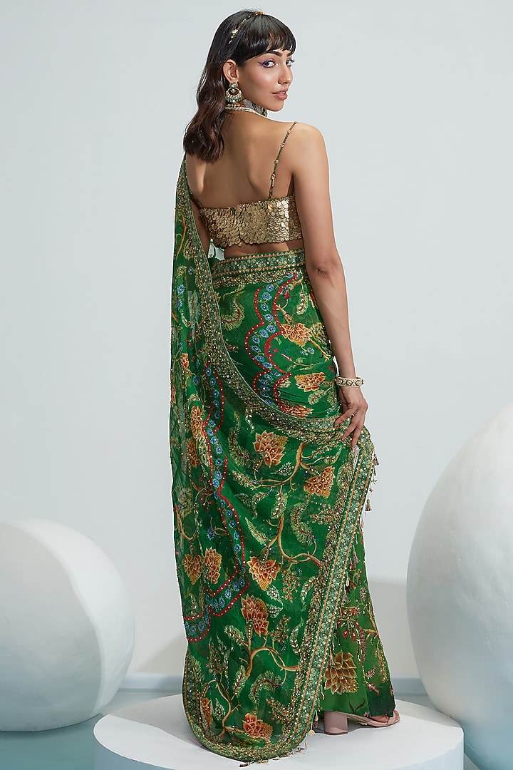 Green Pre-Stitched Embroidered Wedding Saree Set by Mahima Mahajan at Pernia's Pop Up Shop