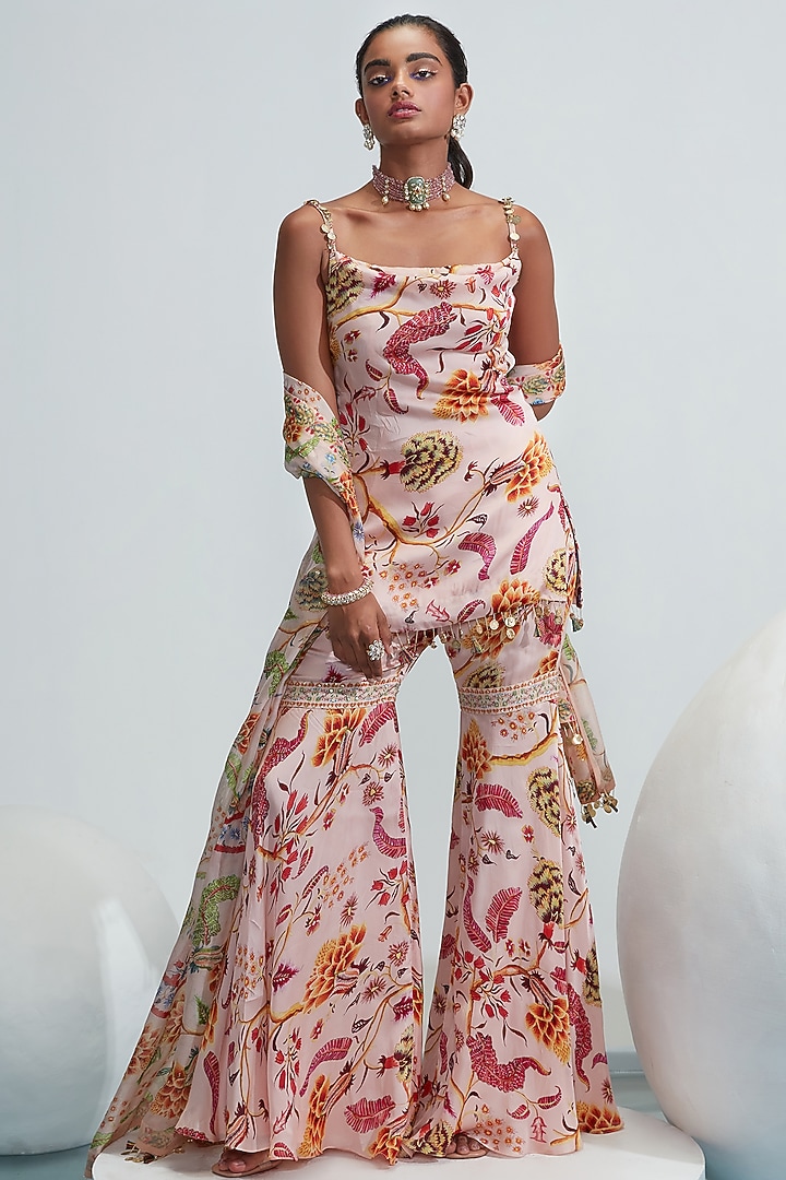 Nude Satin Organza & Shantoon Printed Gharara Set by Mahima Mahajan at Pernia's Pop Up Shop