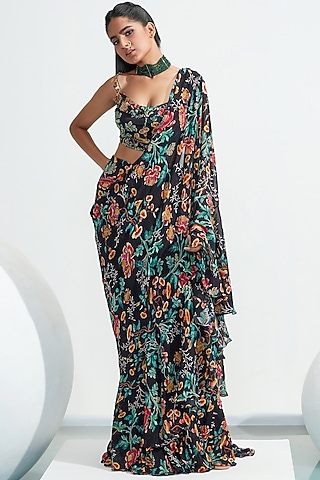 Black Satin Organza & Georgette Printed Pre-Stitched Saree Set by Mahima Mahajan