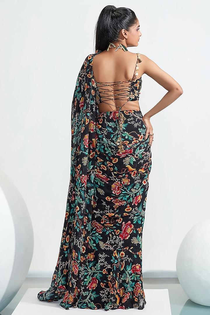 Black Satin Organza & Georgette Printed Pre-Stitched Wedding Saree Set by Mahima Mahajan at Pernia's Pop Up Shop