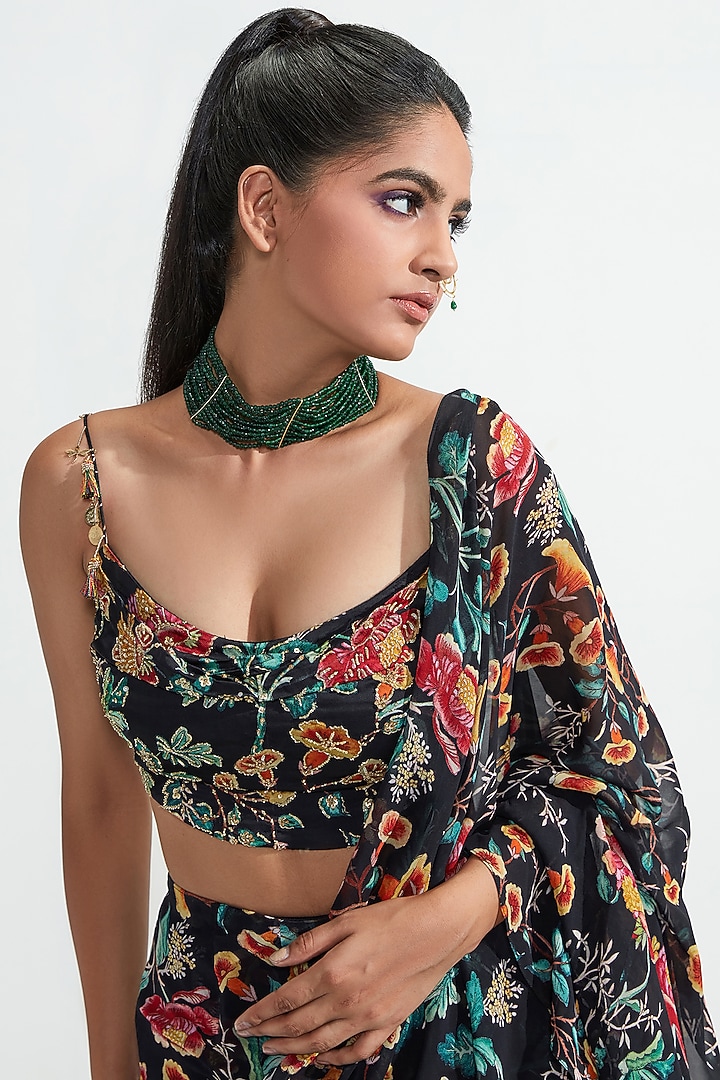 Black Satin Organza & Georgette Printed Pre-Stitched Wedding Saree Set by Mahima Mahajan at Pernia's Pop Up Shop