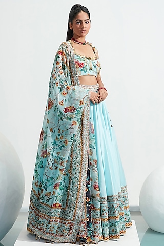 Blue Embroidered Lehenga Set by Mahima Mahajan
