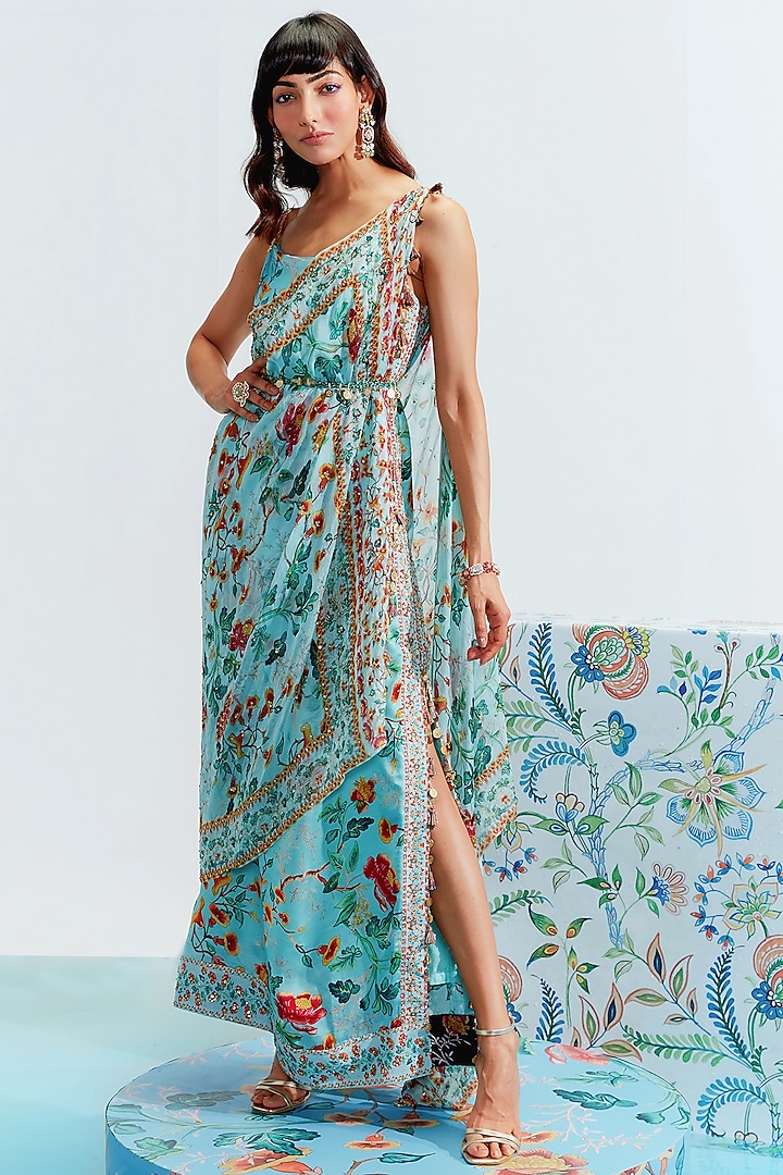 Blue Embroidered Dress With Cape by Mahima Mahajan
