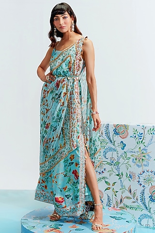 Blue Embroidered Dress With Cape by Mahima Mahajan