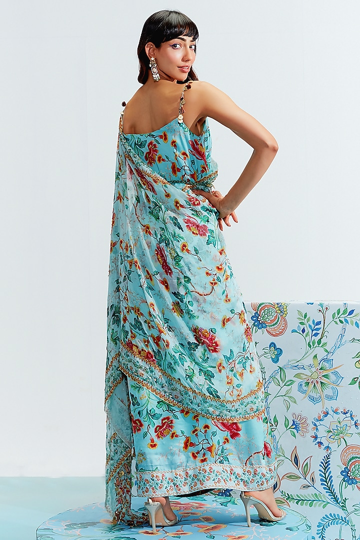 Blue Embroidered Cocktail Dress With Cape by Mahima Mahajan at Pernia's Pop Up Shop