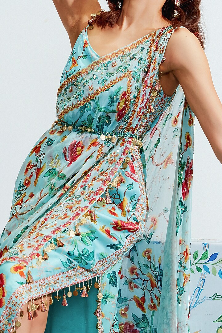 Blue Embroidered Cocktail Dress With Cape by Mahima Mahajan at Pernia's Pop Up Shop
