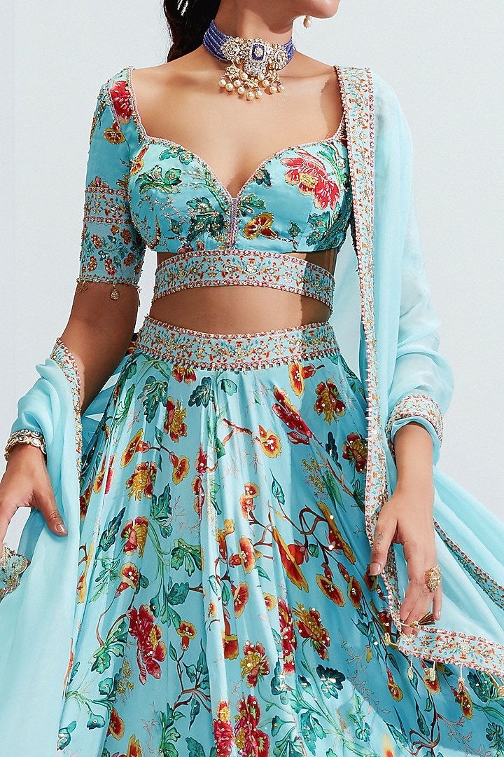 Blue Wedding Lehenga Set With Embroidery by Mahima Mahajan at Pernia's Pop Up Shop